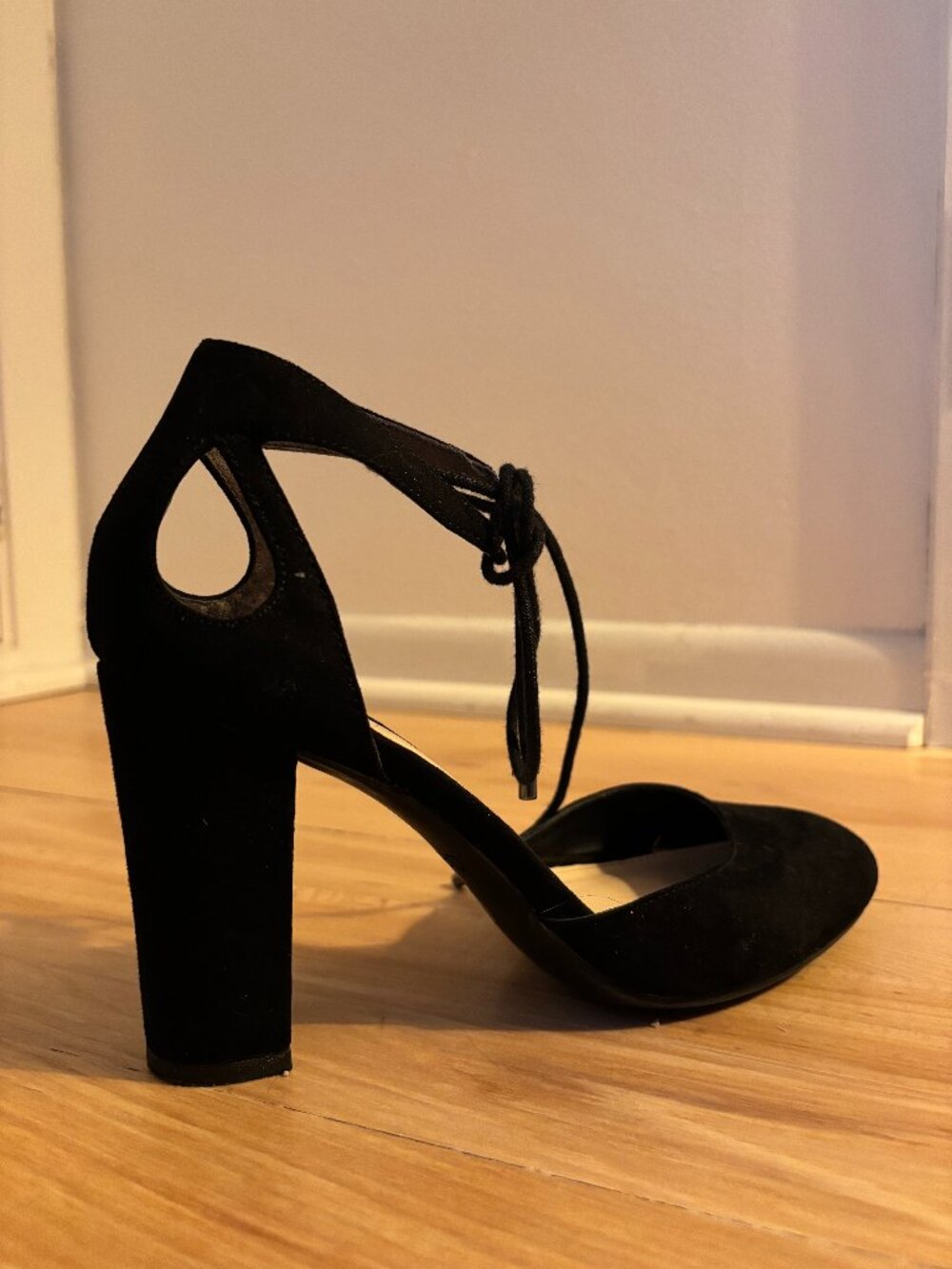 Bar III Black Suede 90s Lace-Up Block Heel Pumps | Closed Toe Ankle Tie Heels